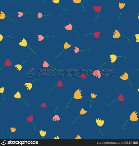 Seamless floral pattern with colorful tulip flowers, leaves and petals. Hand drawn spring flowers for fabric, prints, decoration, invitation cards. Retro from the 1970s. Seamless floral pattern with colorful tulip flowers, leaves and petals. Retro from the 1970s