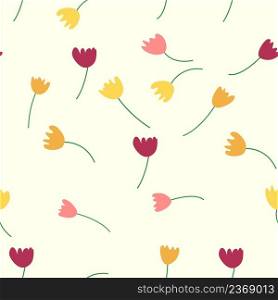 Seamless floral pattern with colorful tulip flowers, leaves and petals. Hand drawn spring flowers for fabric, prints, decoration, invitation cards. Retro from the 1970s. Seamless floral pattern with colorful tulip flowers, leaves and petals. Retro from the 1970s