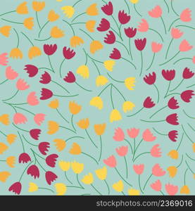 Seamless floral pattern with colorful tulip flowers, leaves and petals. Hand drawn spring flowers for fabric, prints, decoration, invitation cards. Retro from the 1970s. Seamless floral pattern with colorful tulip flowers, leaves and petals. Retro from the 1970s