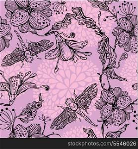 Seamless Floral Pattern With hand-drawn flowers and dragonflies