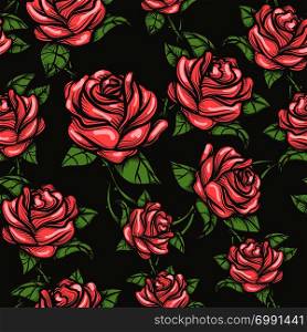 Seamless floral pattern with red roses on dark background. Vector illustration.