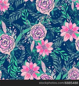 seamless floral pattern with roses. Abstract fantasy seamless floral pattern with roses and peonies on dark background
