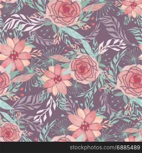 seamless floral pattern with roses. Abstract fantasy seamless floral pattern with roses and peonies on dark background