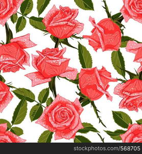Seamless floral pattern with roses isolated on white background. Design element for fabrics, textile, prints, scrapbooking, wallpapers and etc. Vector illustration.. Seamless floral pattern with roses.