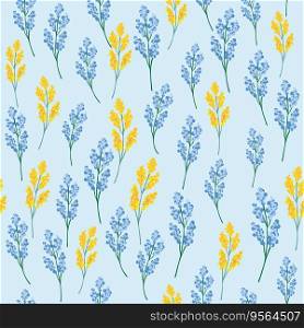 Seamless floral print pattern with yellow and blue mimosa flowers, leaves in hand drawn style on a blue-turquoise background. Ukraine flag flower concept. Spring summer template for design. Seamless floral print pattern with yellow and blue mimosa flowers, leaves in hand drawn style on a blue-turquoise background. Ukraine flag flower concept