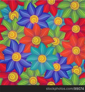 Seamless floral vector pattern with stylized muted color flowers in red, green, blue, orange and yellow hues