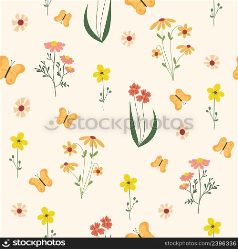 Seamless flower pattern. Bright floral background with blossoms and blooms print. Colored flat vector illustration for textile. Repeating texture design.. Seamless flower pattern. Bright floral background with blossoms and blooms print. Colored flat vector illustration for textile. Repeating texture design