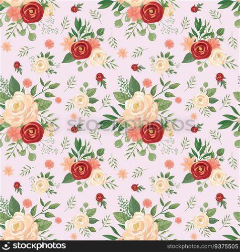 Seamless flowers pattern. Floral print, rose flower buds and roses. Romantic wallpaper or rose blossom fabric, wedding gift wrapping or invitation card vector background illustration. Seamless flowers pattern. Floral print, rose flower buds and roses vector background illustration