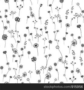 Seamless flowers pattern. Hand drawn outline stroke . Art and Abstract concept. Floral and Nature theme. Thin line sketch. Vector illustration. Isolated white background