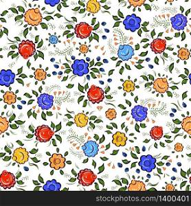 Seamless Folk background.Colorful flowers and leafs on white background. Vector illustration.. Seamless Folk background.Colorful flowers and leafs on white bac