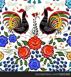 Seamless Folk background.Colorful flowers and leafs with cocks on white background. Vector illustration.. Seamless Folk background.Colorful flowers and leafs with cocks o
