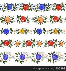 Seamless Folk borders. Isolated colorful flowers and leafs on white bacground. Vector illustration.. Seamless Folk borders. Isolated colorful flowers and leafs on wh