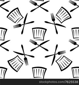 Seamless food and beverage background pattern with a black and white doodle sketch of a crossed knife and fork and empty glass in a scattered repeat motif in square format. Seamless food and beverage background pattern