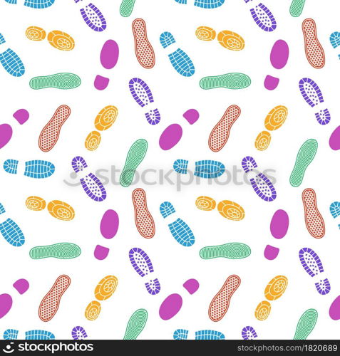 Seamless footprints. Color shoes prints, different soles traces, silhouette people steps, sneakers, boots and sneakers marks. Decor textile, wrapping paper wallpaper, print or fabric. Vector pattern. Seamless footprints. Color shoes prints, different soles traces, silhouette people steps, sneakers, boots and sneakers marks. Decor textile, wrapping paper, print or fabric. Vector pattern