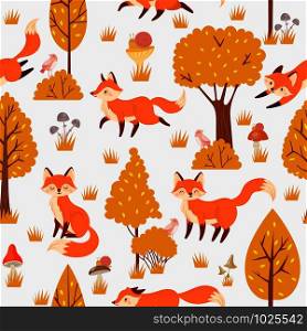 Seamless forest foxes pattern. Cute red fox among yellow trees, wild animal nature. Foxy woodland wallpaper, kawaii fur foxes fabric or wrapping cartoon background vector illustration. Seamless forest foxes pattern. Cute red fox among yellow trees, wild animal nature background vector illustration