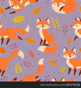 Seamless foxes pattern. Autumn fox, cute orange animal poster. Golden season foxy with leaf greeting card pattern, foxes character mascot wallpaper or wrapping cartoon vector illustration. Seamless foxes pattern. Autumn fox, cute orange animal cartoon vector illustration