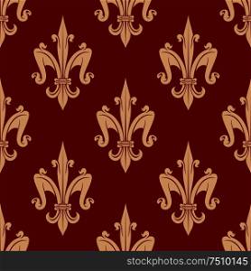 Seamless french fleur-de-lis floral pattern with beige leaf scrolls on red background. For heraldic backdrop or interior background design. French fleur-de-lis seamless floral pattern