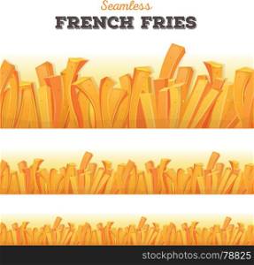 Seamless French Fries Background. Illustration of a seamless cartoon appetizing set of french fried potatoes background, for snack restaurant menu and takeaway food