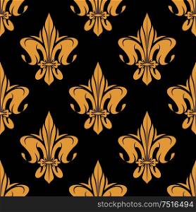 Seamless french victorian fleur-de-lis pattern with heraldic yellow floral composition, adorned by swirling lines and curls on black background. Luxury wallpaper or vintage interior accessories usage. Yellow royal fleur-de-lis seamless pattern