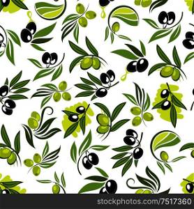 Seamless fresh branches of olive tree pattern with leafy twigs, green and black olive fruits and drops of olive oil over white background. Use as healthy vegetarian nutrition theme or food packaging design. Seamless olive tree branches with fruits pattern