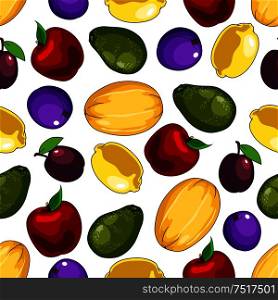 Seamless fresh fruits pattern over white background for kitchen interior or organic farming design with yellow lemons and cantaloupes, blue and purple plums, red apples and green avocados. Seamless fresh fruits pattern for food design