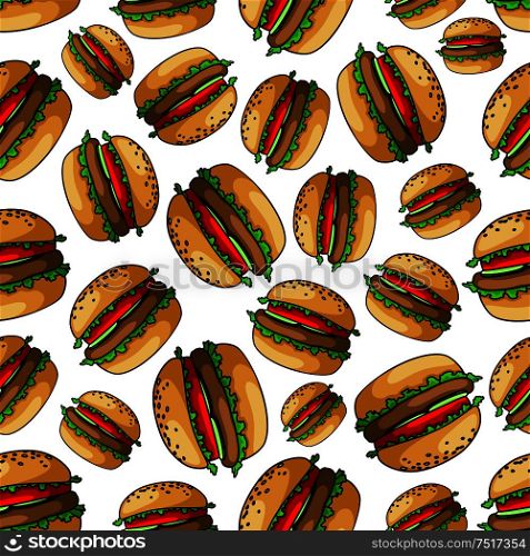 Seamless fresh juicy burgers background pattern of american bbq hamburgers with grilled meat, fresh tomatoes, cucumbers and lettuce on wheat buns. Use as picnic party theme or fast food cafe interior design . Seamless american bbq burgers background pattern