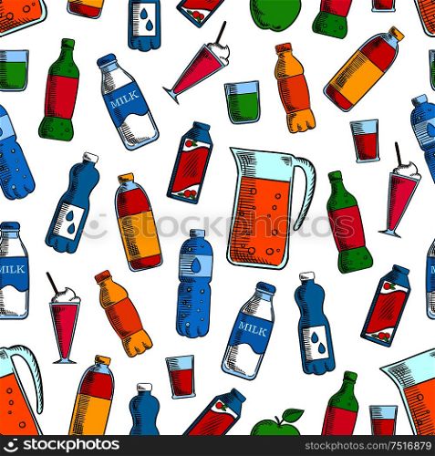 Seamless fruit and dairy beverages background for kitchen interior accessories or food and drink design with pattern of water, sweet soda and milk bottles, berry juice boxes, milk shakes, jugs of fresh lemonade and green apples fruits. Seamless fruit and dairy drinks background pattern