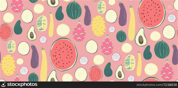 Seamless fruit and vegetables vegetarian food pattern, vector vegan pink color background.. Seamless fruit and vegetables vegetarian food pattern, vector