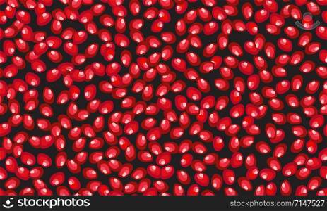 Seamless fruit pomegranate seeds scattered on black background, Fresh organic food, Red ruby fruits pattern. Vector illustration.