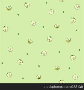 Seamless fruit vector pattern. Kawaii green apple at green background