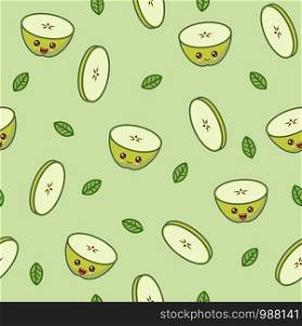 Seamless fruit vector pattern. Kawaii green apple at green background