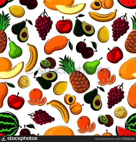 Seamless fruits pattern with sweet banana, peach, mango, pineapple, melon and pear, juicy apple, orange, lemon, grape, kiwi, plum watermelon and avocado on white background. Seamless pattern of healthy fresh fruits
