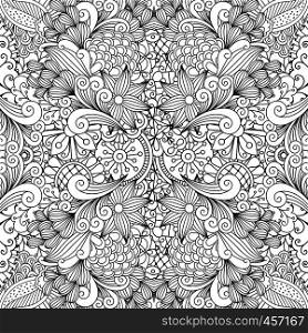 Seamless full frame kaleidoscope decoration with pretty geometric flowers and other pleasing floral elements. Seamless full frame kaleidoscope decoration