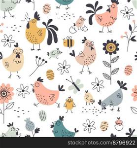 Seamless funny chickens pattern. Cartoon cute roosters and hens, decorative easter domestic birds, spring print. Decor textile, wrapping paper, wallpaper. Hand drawn flowers tidy vector background. Seamless funny chickens pattern. Cartoon cute roosters and hens, decorative easter domestic birds, spring print. Decor textile, wrapping paper, wallpaper. Tidy vector background