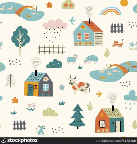 Seamless funny childish pattern with cute village. Cartoon farm landscape with country houses, pets, pond. Scandinavian style kids texture for fabric, wrapping, textile. Vector flat illustration.