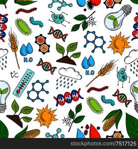 Seamless genetic engineering and agricultural crops pattern with green plants, corn vegetables, wheat ears, DNA and chemical molecules of water, cells, pests and parasites, thermometers, rains and suns on white background. Agriculture, science, genetics seamless pattern