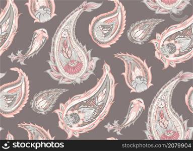 Seamless gentle paisley pattern. Delicate tribal flower texture on gray background. Indian ornament. Vector boho decoration. Seamless gentle paisley pattern. Delicate tribal flower texture on gray background. Indian ornament.
