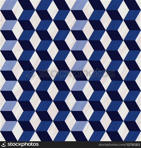Seamless geometric 3d pattern with marble texture, hexagon pattern, blue and white pattern with cubes, vector illustration