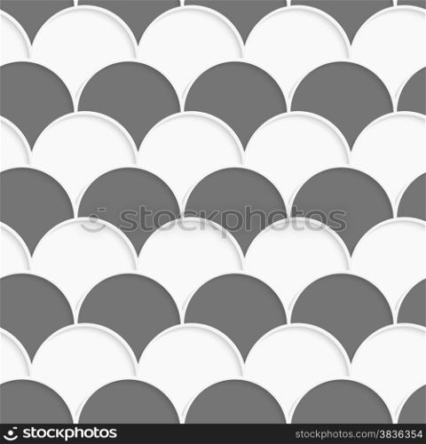 Seamless geometric background. Modern monochrome 3D texture. Pattern with realistic shadow and cut out of paper effect.3D white and gray overlapping half circles in rows.