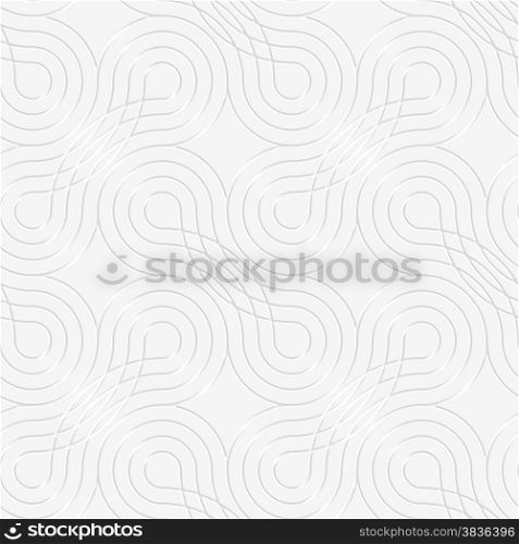 Seamless geometric background. Modern monochrome 3D texture. Pattern with realistic shadow and cut out of paper effect.3D white rounded shapes with offset perforated on white.