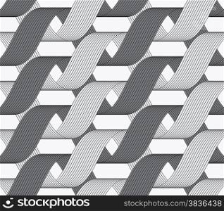 Seamless geometric background. Modern monochrome ribbon like ornament. Pattern with textured ribbons.Ribbons dark and light forming horizontal overlapping loops pattern.