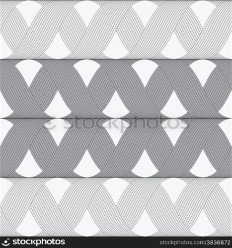 Seamless geometric background. Modern monochrome ribbon like ornament. Pattern with textured ribbons.Ribbons gray shades crosses grid pattern.
