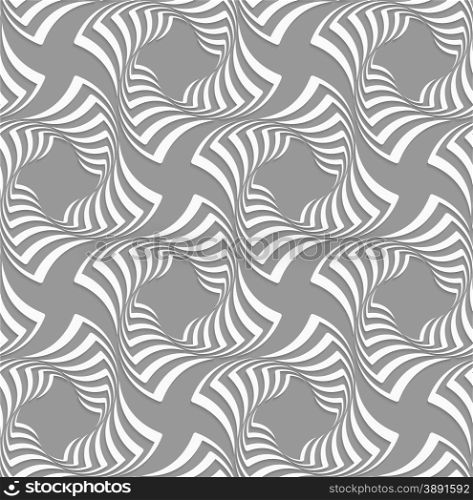 Seamless geometric background. Pattern with realistic shadow and cut out of paper effect.3D white twisted squares on gray.