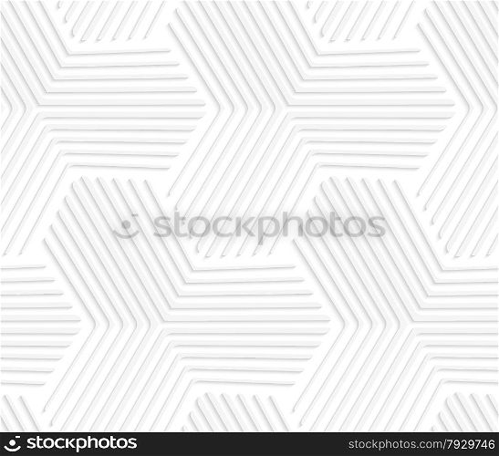 Seamless geometric background. Pattern with realistic shadow and cut out of paper effect.White 3d paper.3D white striped hexagonal stars.