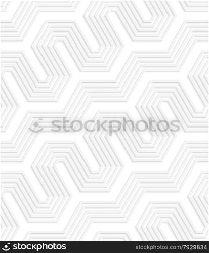 Seamless geometric background. Pattern with realistic shadow and cut out of paper effect.White 3d paper.3D white striped diagonal perforated fence.