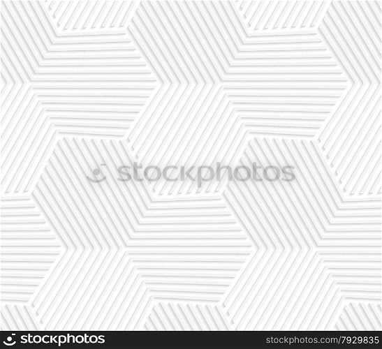 Seamless geometric background. Pattern with realistic shadow and cut out of paper effect.White 3d paper.3D white striped hexagons forming tetrapods.