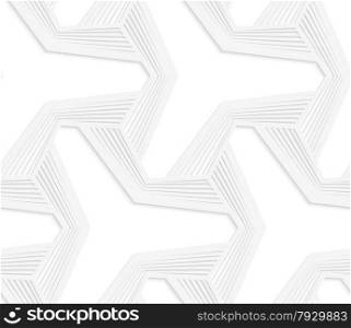 Seamless geometric background. Pattern with realistic shadow and cut out of paper effect.White 3d paper.3D white three ray hexagonal stars with striped offset.