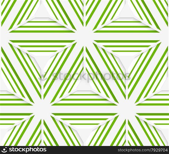 Seamless geometric background. Pattern with realistic shadow and cut out of paper effect.Colored.3D colored striped green stars.