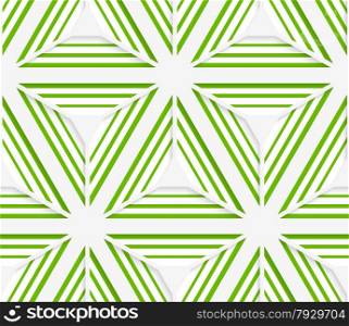 Seamless geometric background. Pattern with realistic shadow and cut out of paper effect.Colored.3D colored striped green stars.
