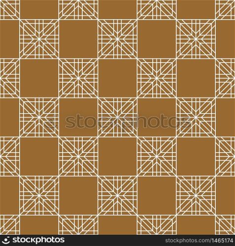 Seamless geometric Japanese woodwork ornament.Golden color background and white layer lines.Average thickness.For wrapping,fabric,textile,disign template,laser cutting.Square grid.Chess order.. Seamless traditional Japanese ornament.Golden color background.White lines.